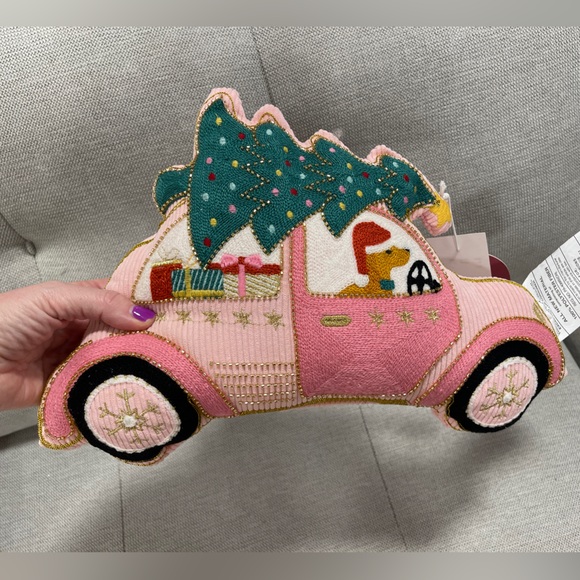Pink Christmas Holiday Dachshund Car Pillow Beaded Embroidered Accent Pillow NWT - Picture 2 of 5